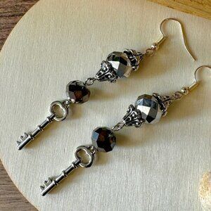 Gothic Silver and Black Key Earrings